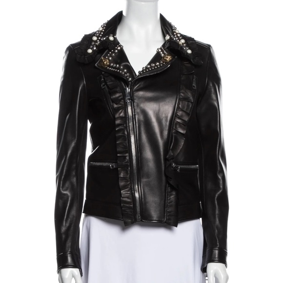 Gucci Jackets & Blazers - Gucci Leather Studded Tiger Ruffled Pearl Motorcycle Jacket